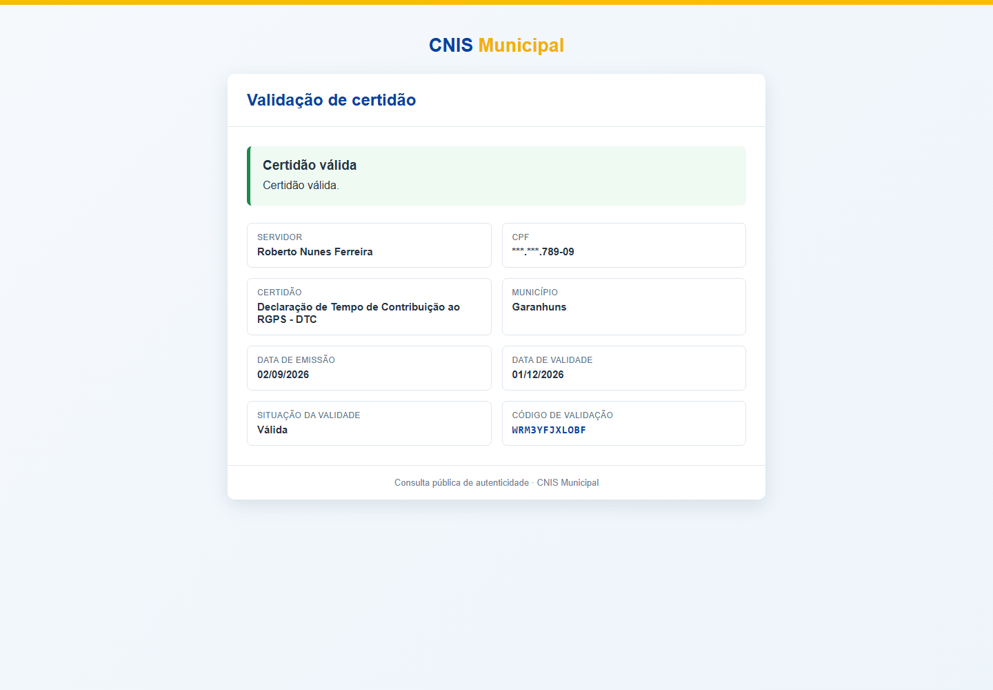 Validação pública da certidão no ambiente demonstrativo do CNIS Municipal