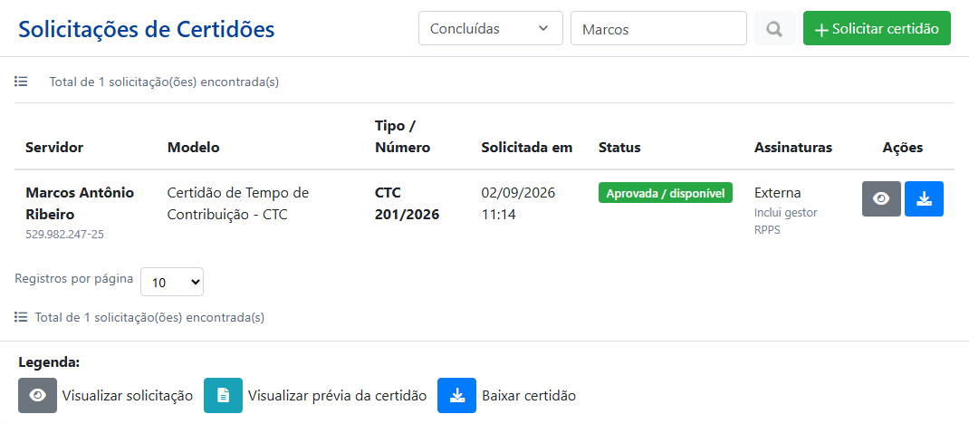 CTC concluída para download no ambiente demonstrativo do CNIS Municipal