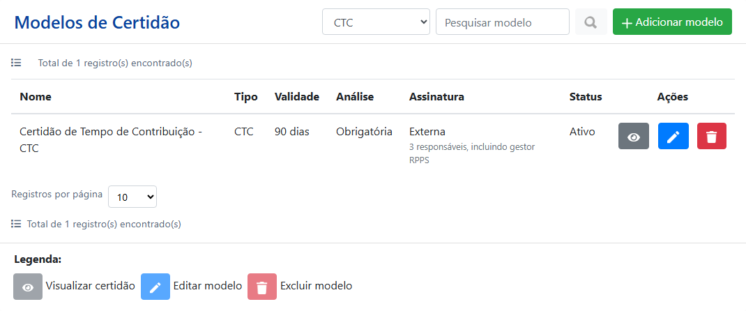 Modelo CTC na listagem no ambiente demonstrativo do CNIS Municipal