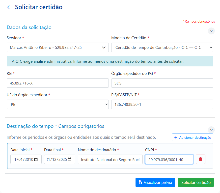 Destinação do tempo na solicitação no ambiente demonstrativo do CNIS Municipal