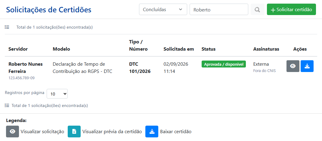 DTC concluída para download no ambiente demonstrativo do CNIS Municipal