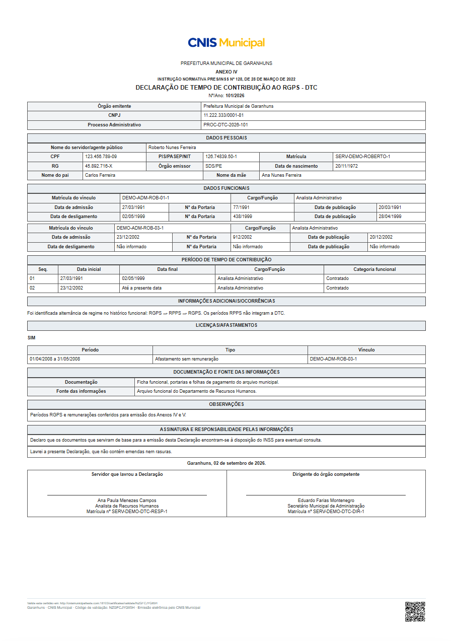 PDF da DTC — Anexo IV no ambiente demonstrativo do CNIS Municipal