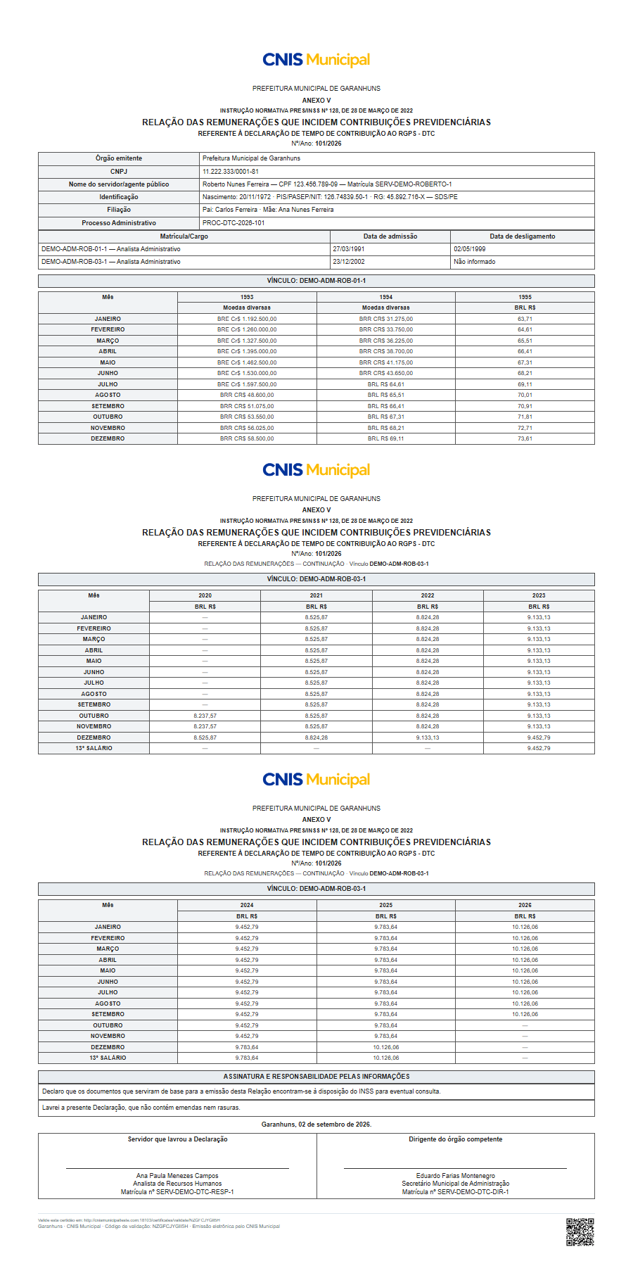 PDF da DTC — Anexo V no ambiente demonstrativo do CNIS Municipal