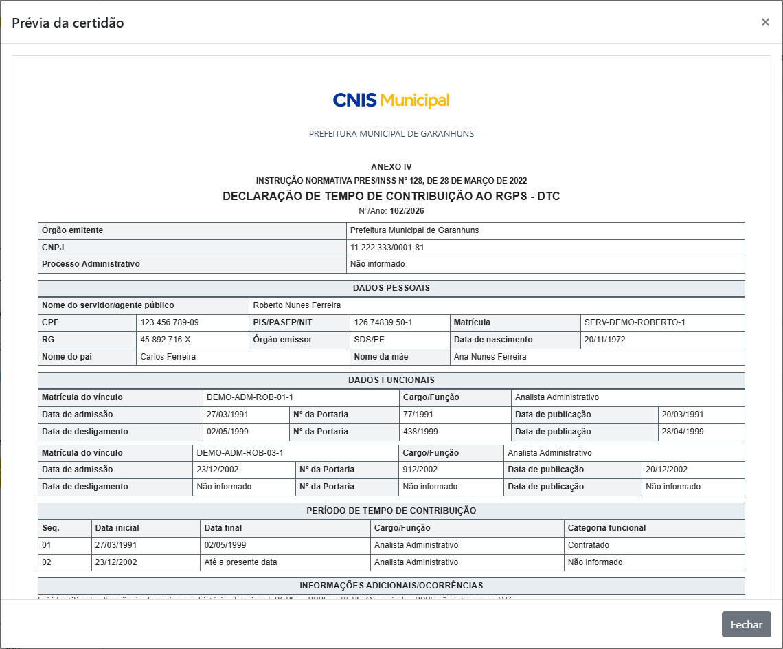 Prévia oficial do Anexo IV da DTC no CNIS Municipal
