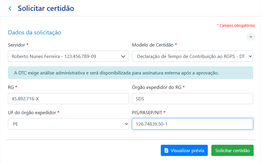 Solicitação da DTC no ambiente demonstrativo do CNIS Municipal