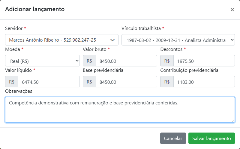 Cadastro completo de lançamento da folha mensal