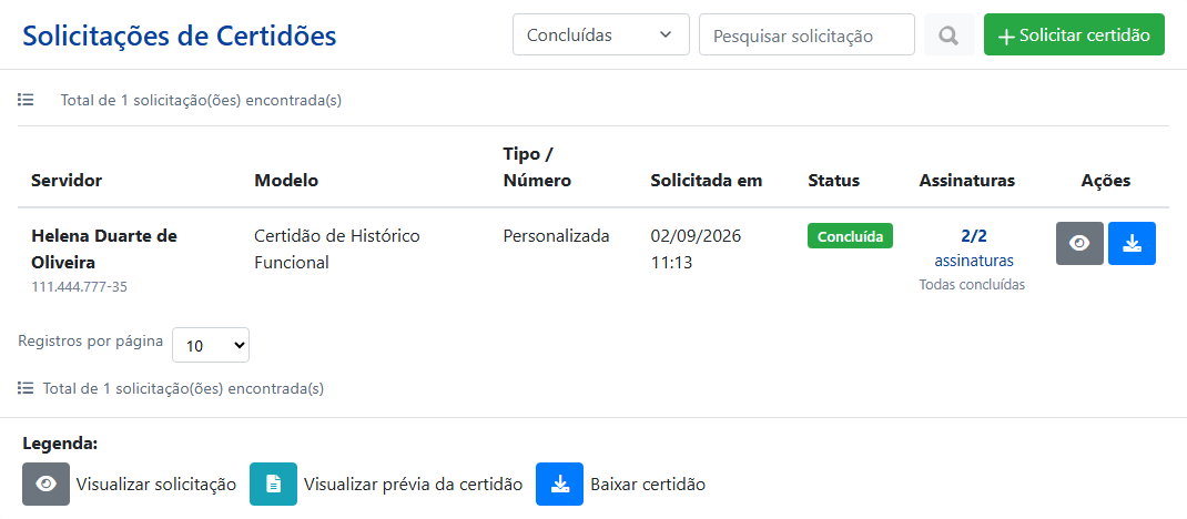 Certidão Personalizada concluída no ambiente demonstrativo do CNIS Municipal