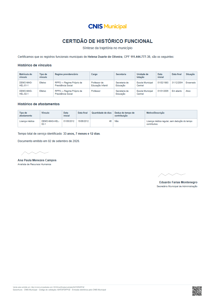 PDF final da Certidão Personalizada no ambiente demonstrativo do CNIS Municipal