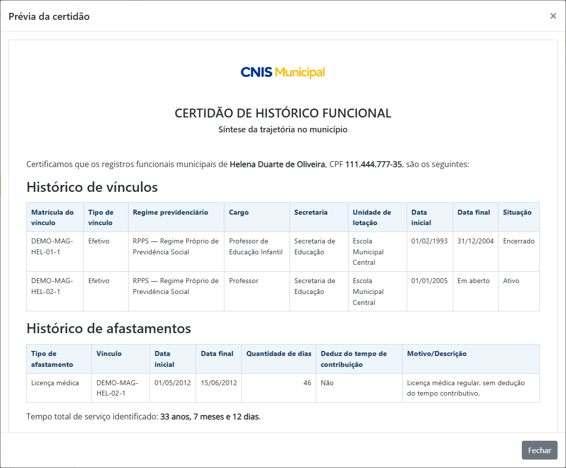 Prévia de uma Certidão Personalizada no CNIS Municipal