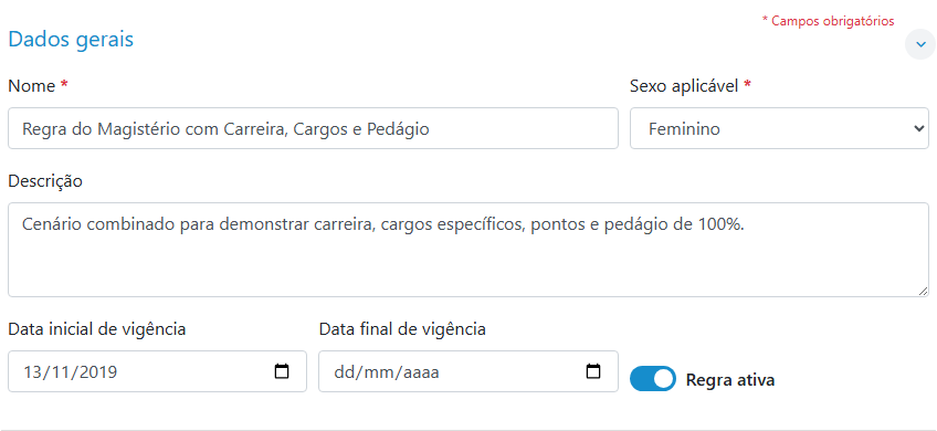 Dados gerais da regra no ambiente demonstrativo do CNIS Municipal