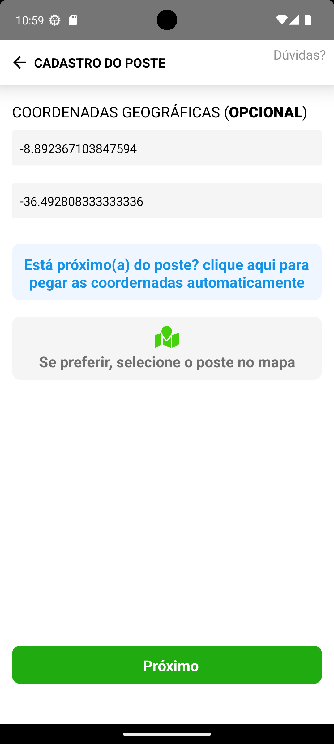Coordenadas do novo poste
