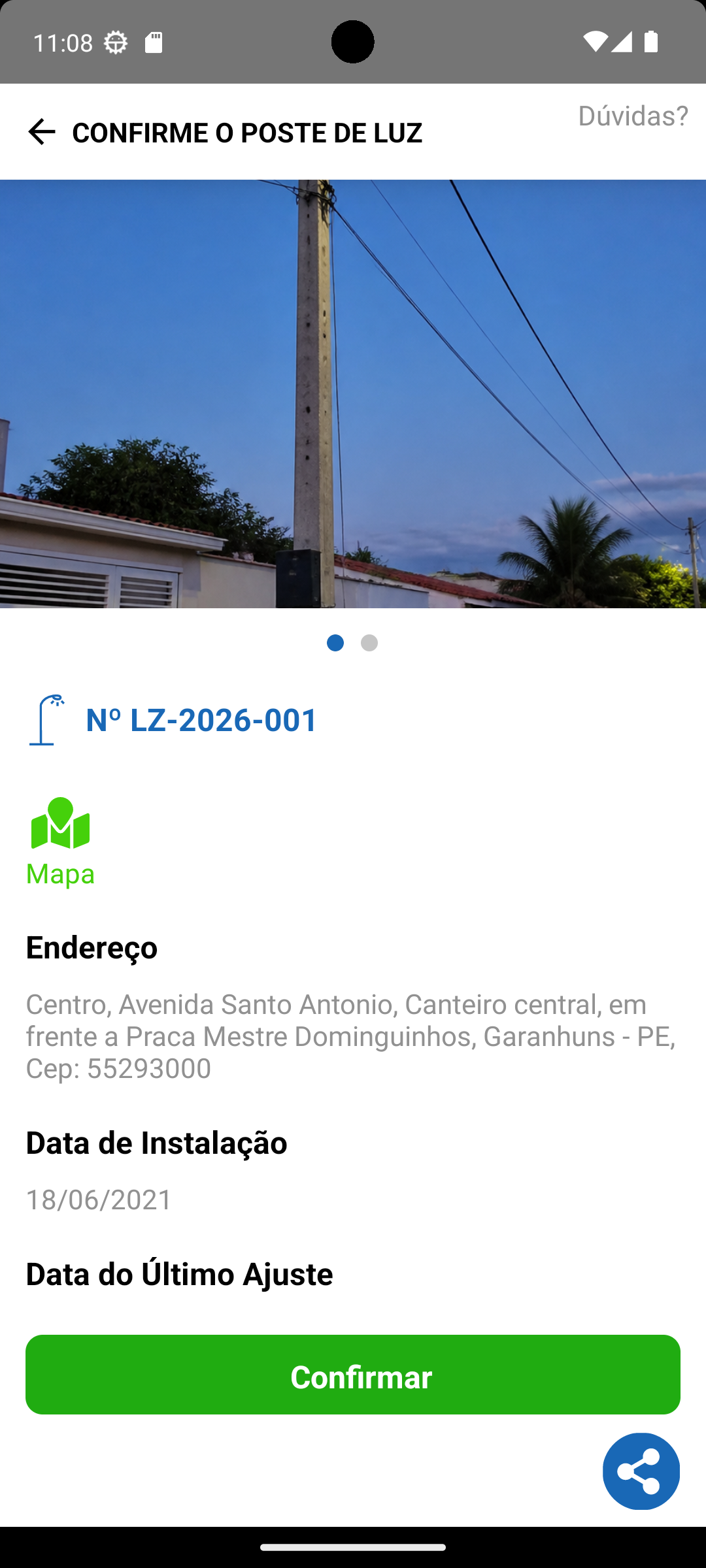 Confirmação do poste no aplicativo +Luz