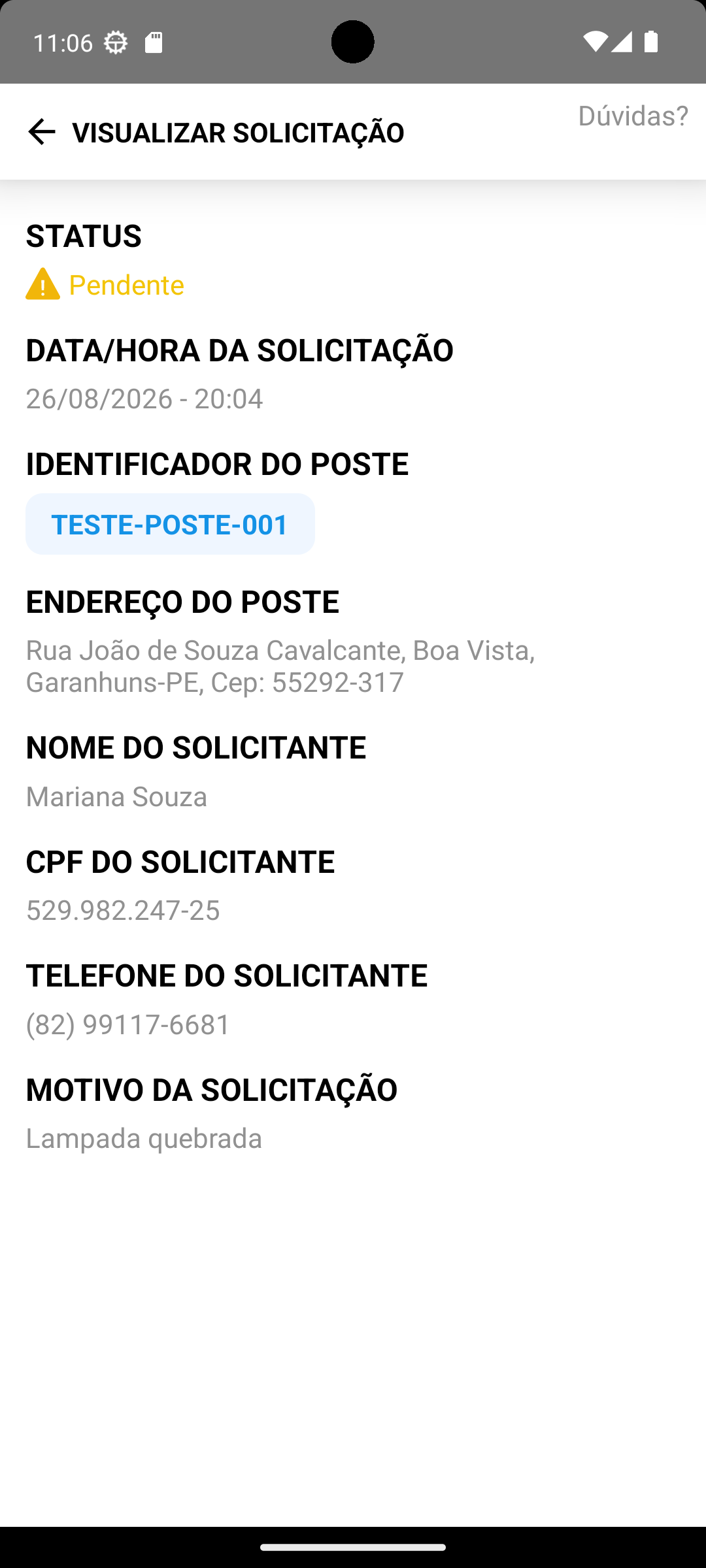 Detalhes da solicitação no aplicativo +Luz