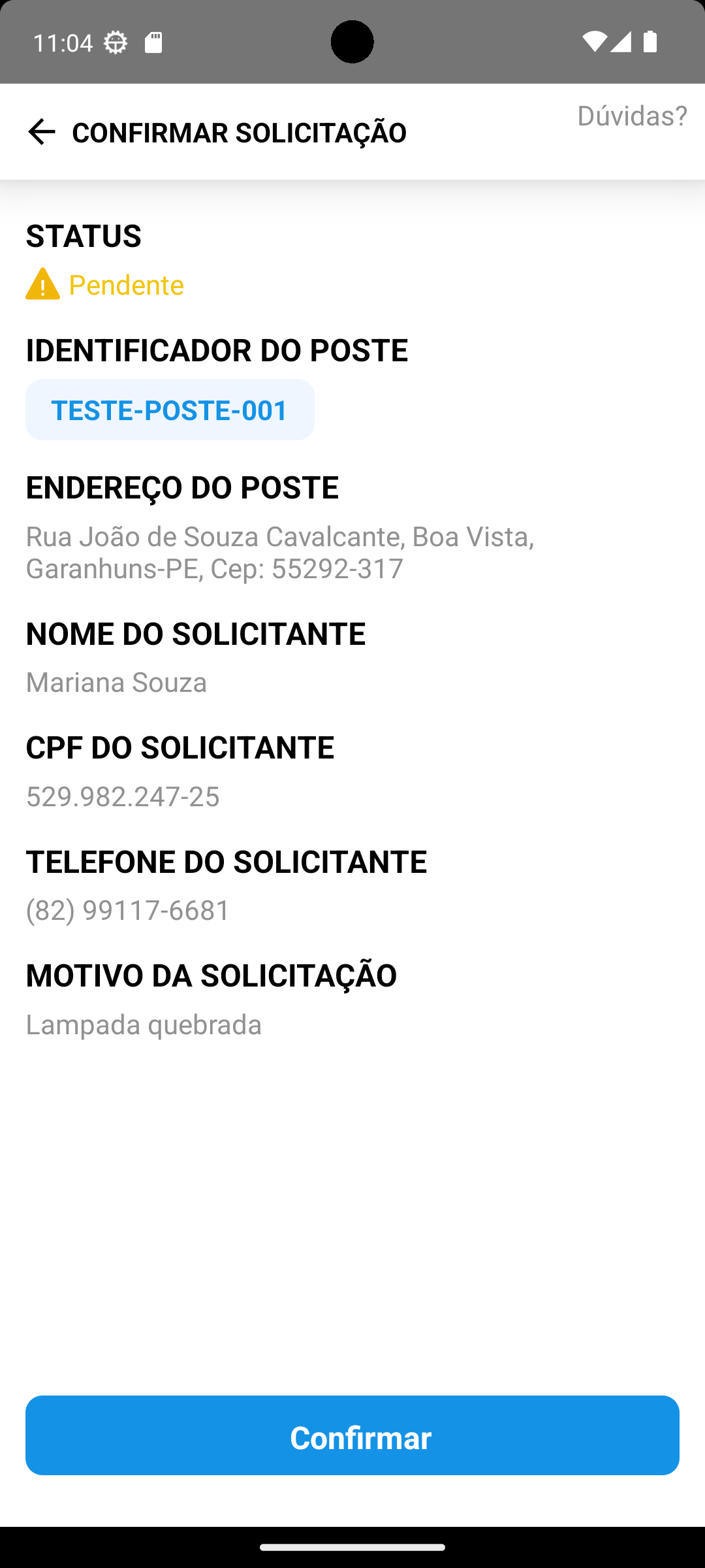Resumo da solicitação no aplicativo +Luz