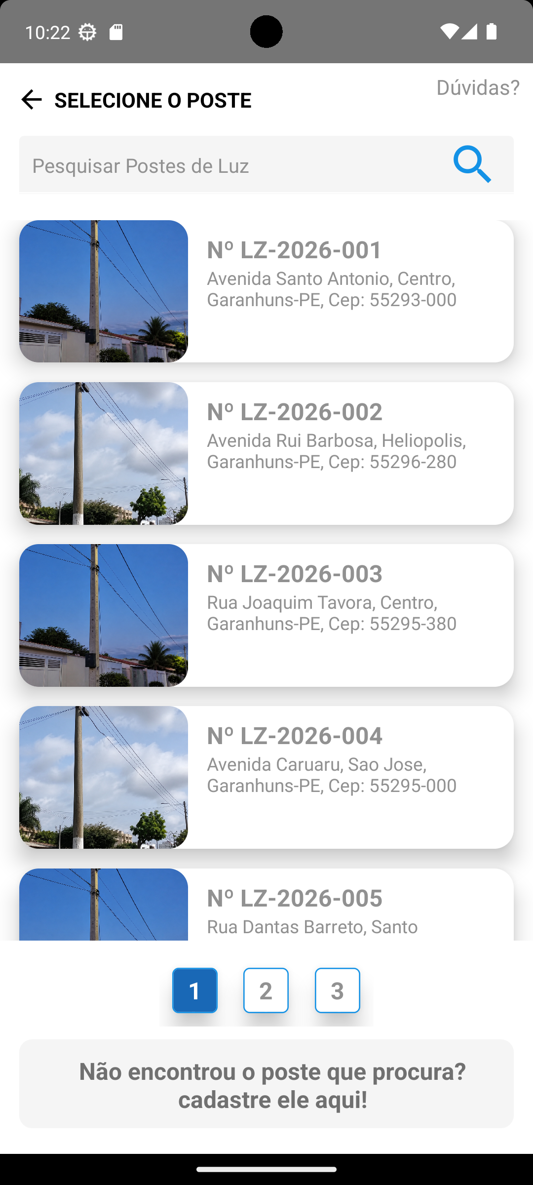 Seleção do poste no aplicativo +Luz
