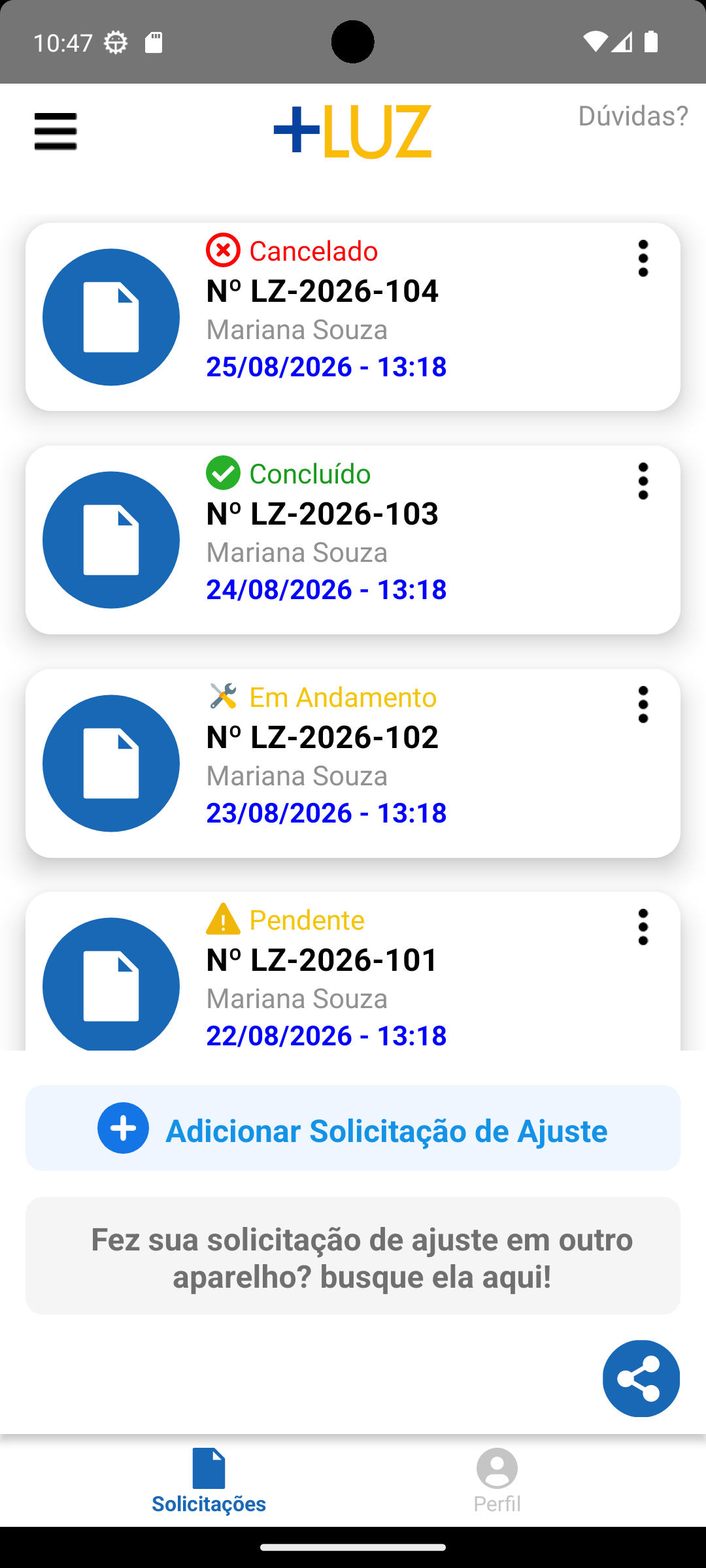 Solicitações de ajuste acompanhadas no aplicativo +Luz