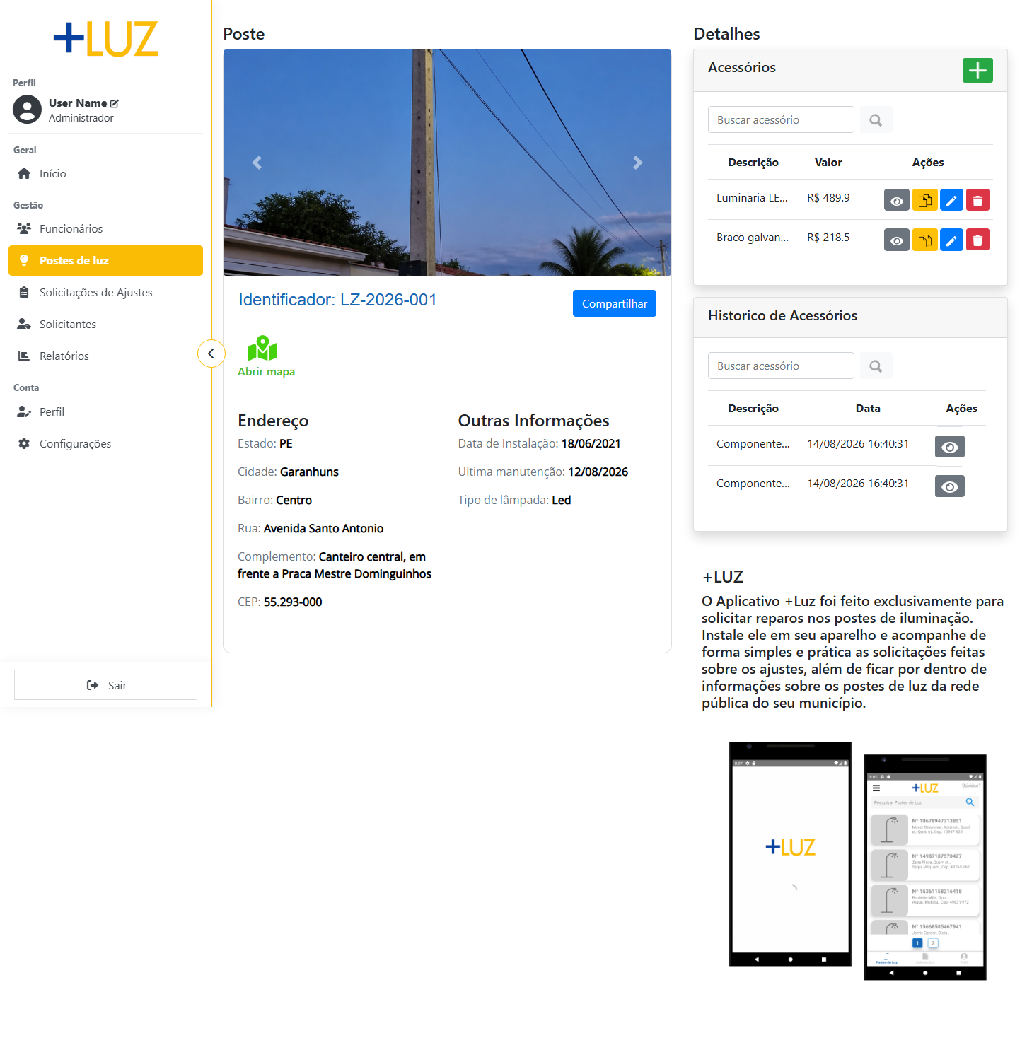 Ficha administrativa do poste com fotografia, endereço, acessórios e histórico