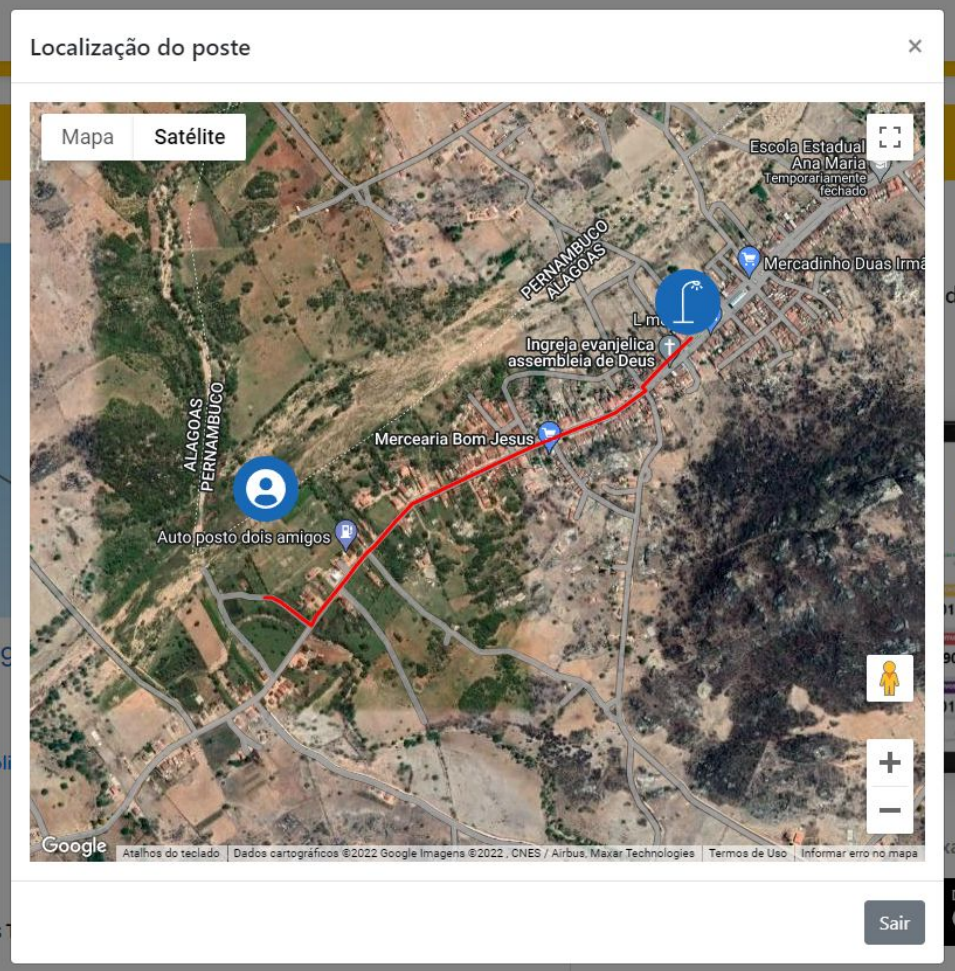 Localização do poste exibida no mapa administrativo do +Luz