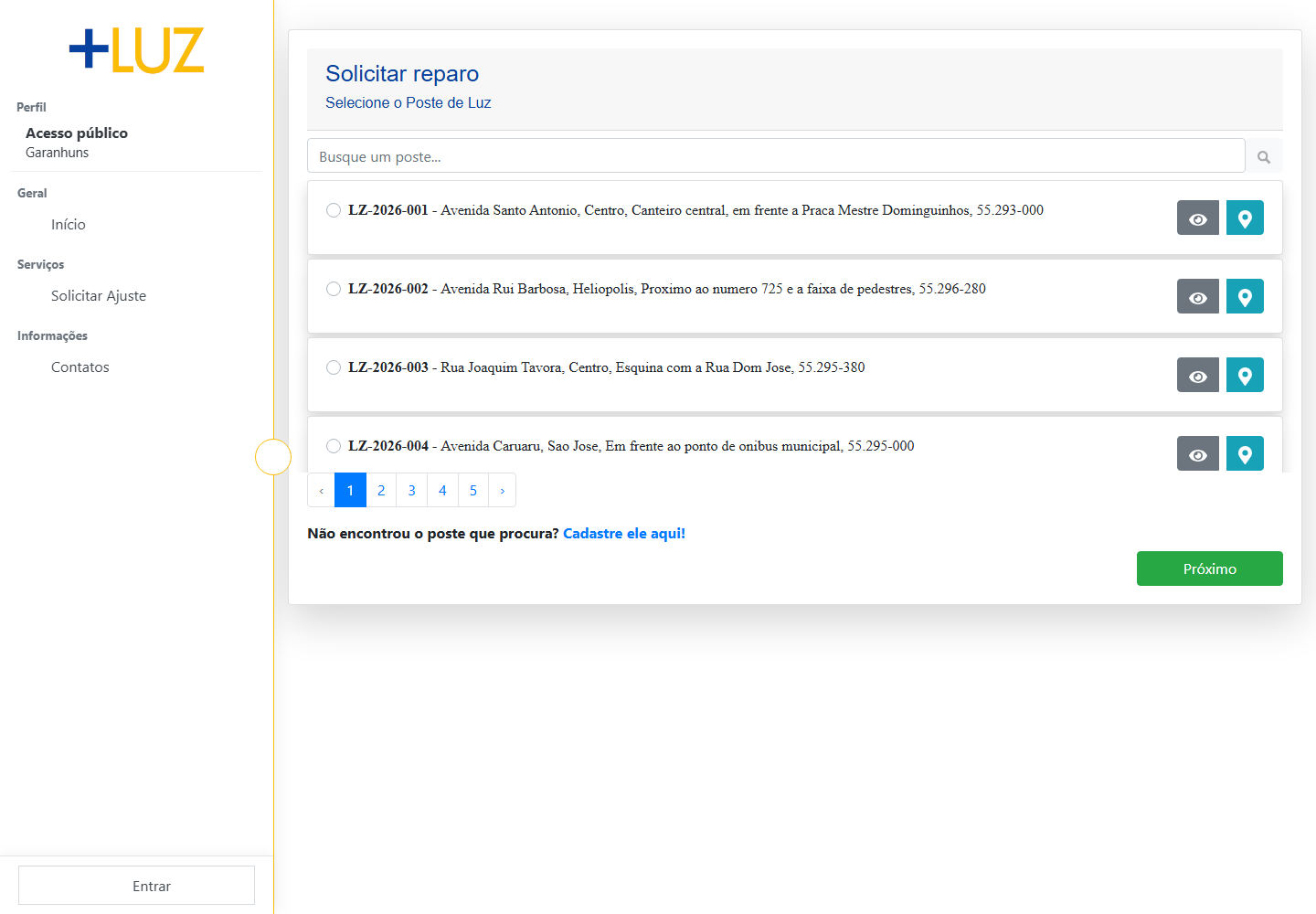 Seleção do poste no site +Luz