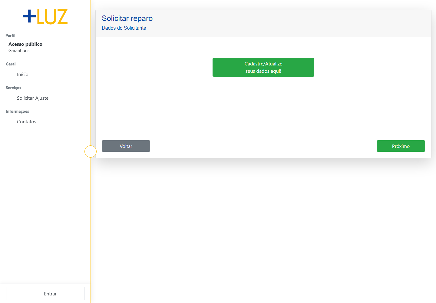 Identificação do solicitante no site +Luz