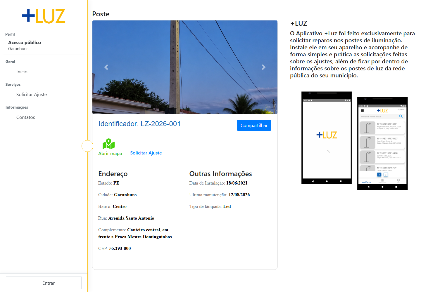 Detalhes públicos de um poste no site do +Luz
