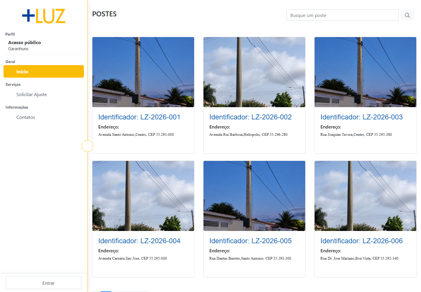 Postes de iluminação pública disponíveis no site do +Luz