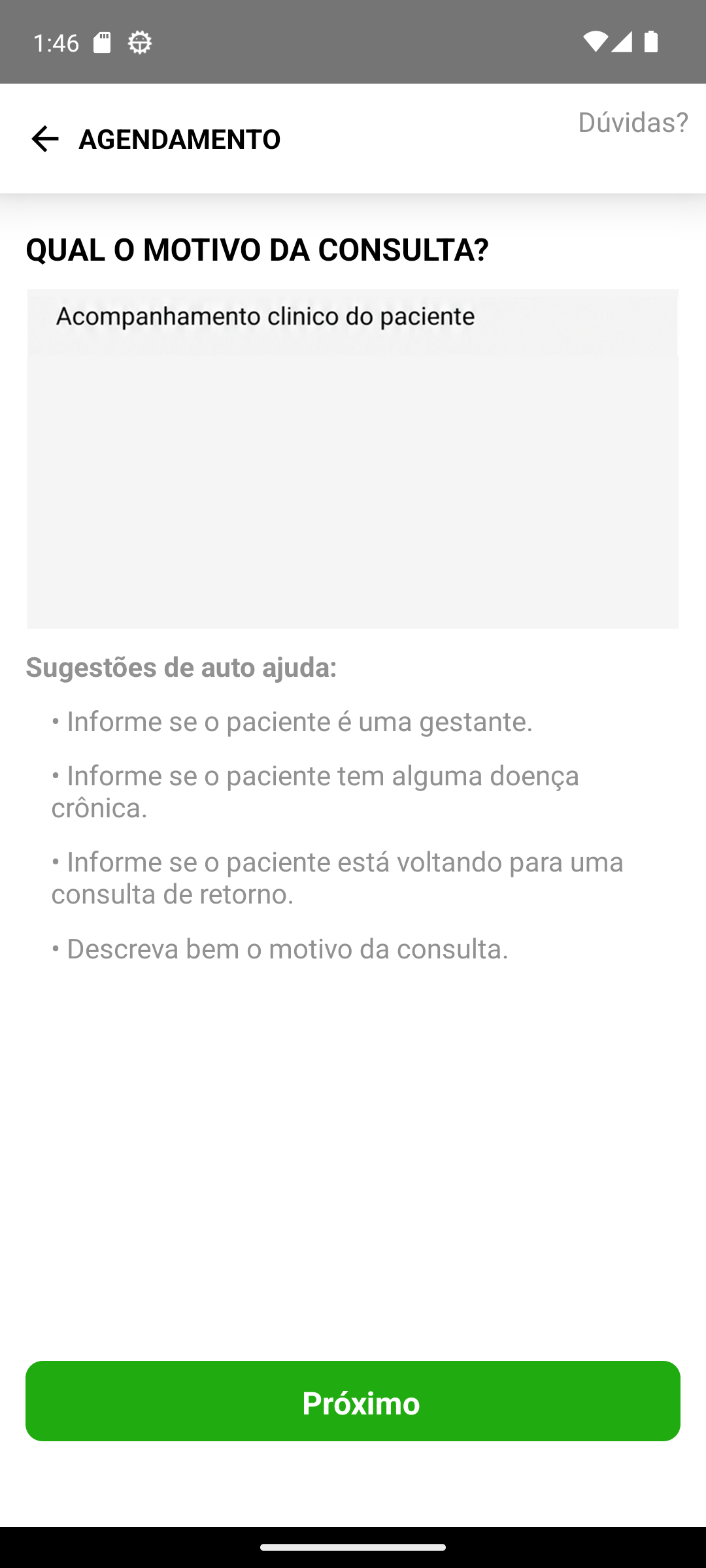 Motivo preenchido no aplicativo +Saúde