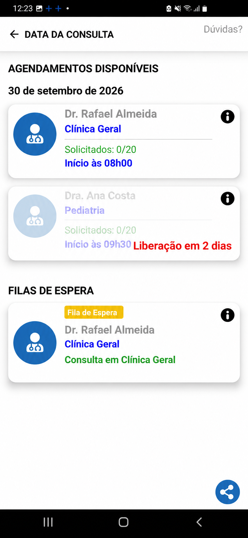 Seleção do atendimento médico no aplicativo +Saúde