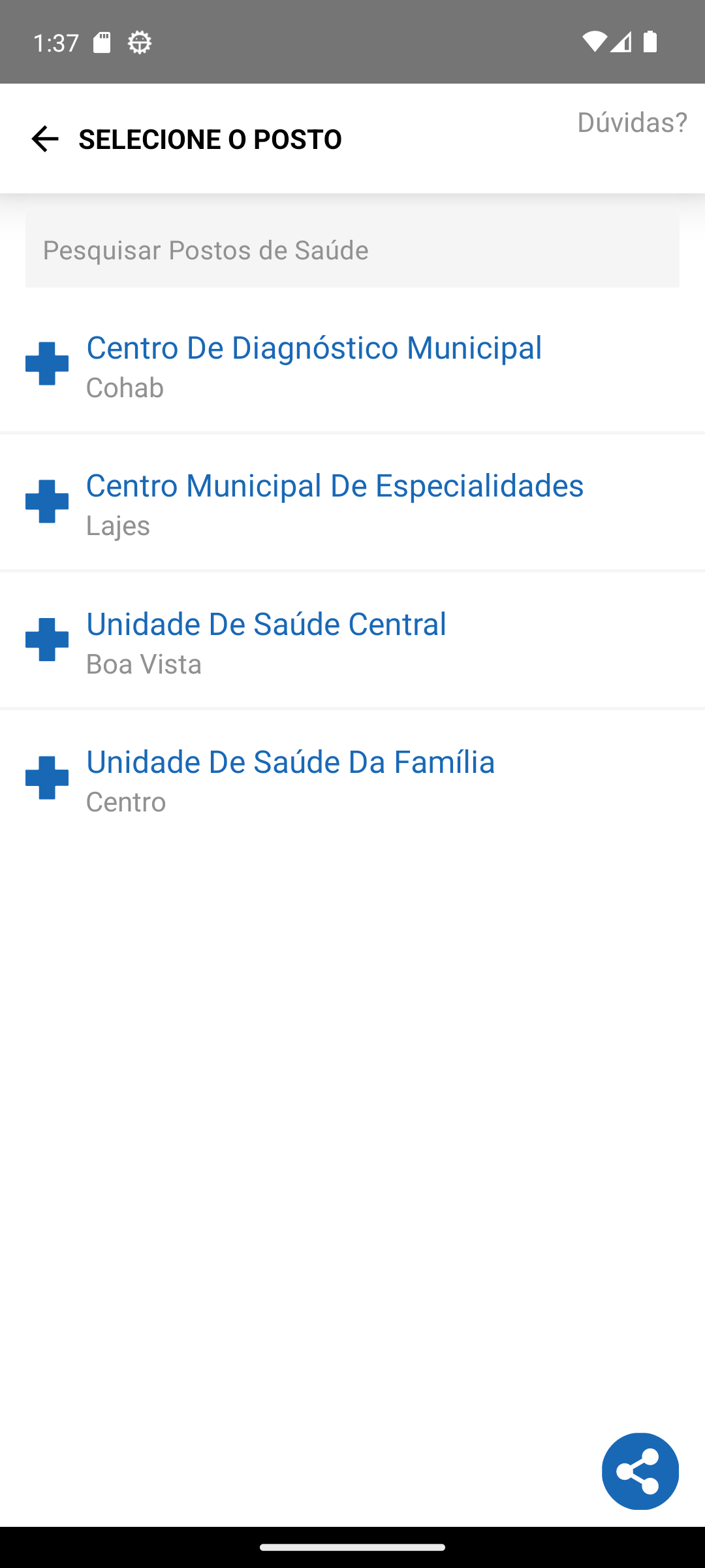 Seleção da unidade no aplicativo +Saúde