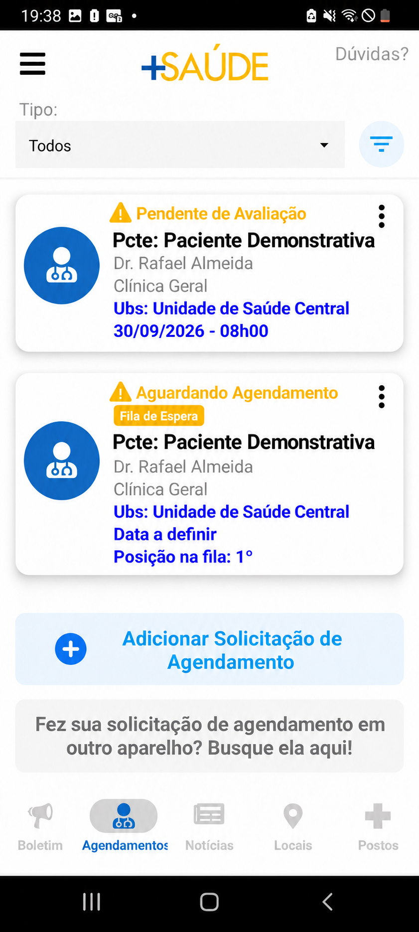 Consulta solicitada e fila de espera na listagem unificada do aplicativo +Saúde