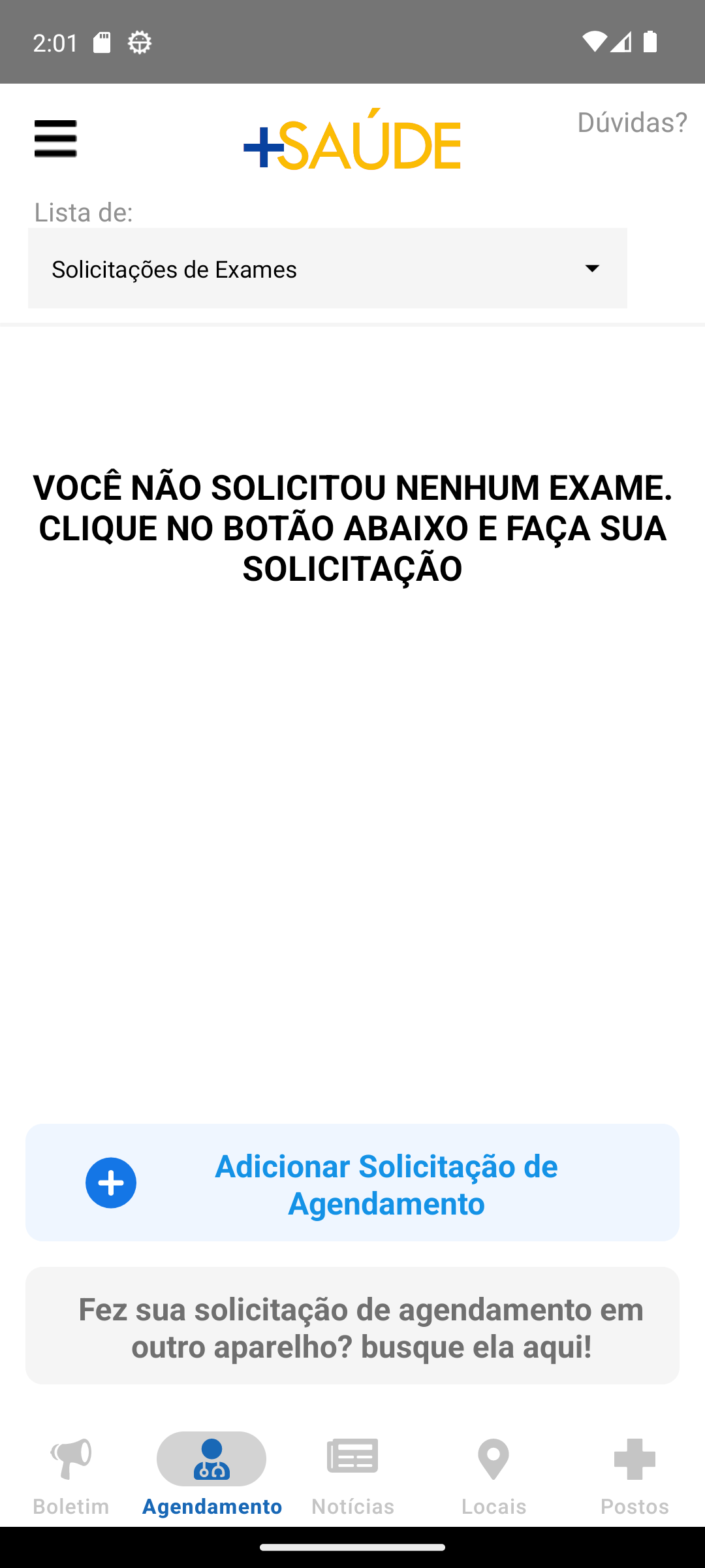 Exames no aplicativo no ambiente demonstrativo do +Saúde