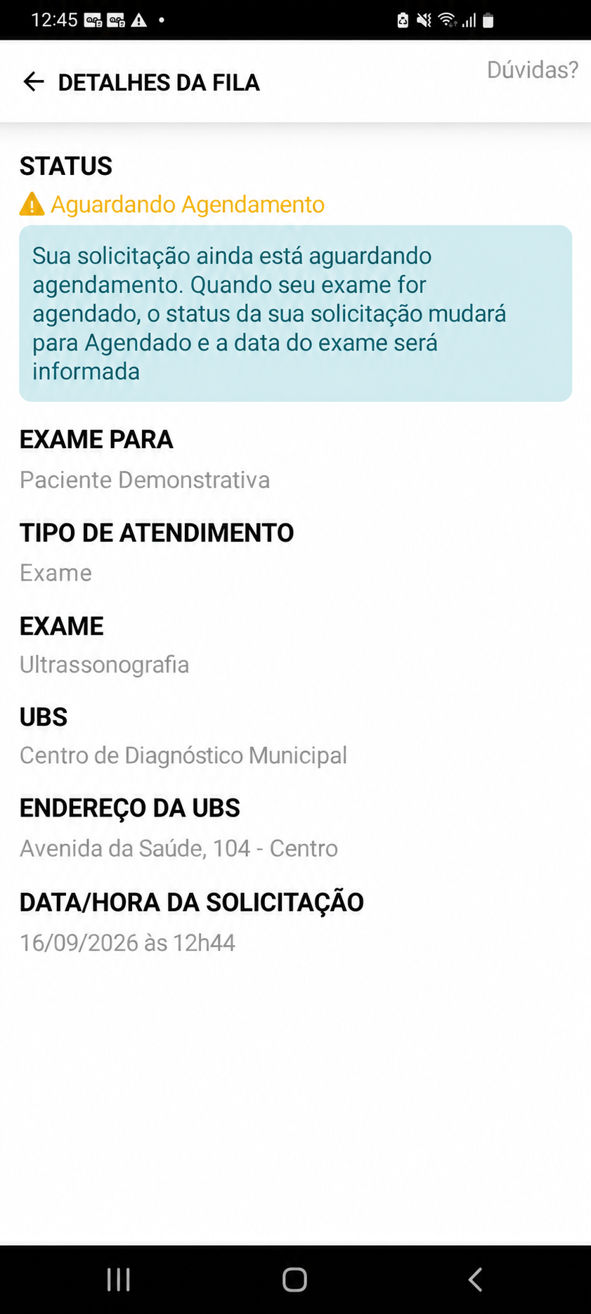 Detalhes da posição na fila no ambiente demonstrativo do +Saúde