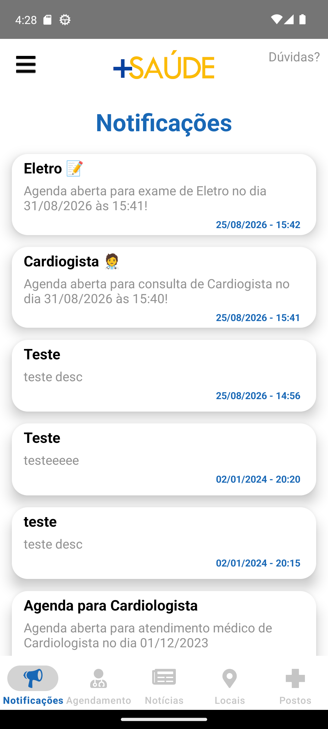 Tela inicial configurada como notificações no ambiente demonstrativo do +Saúde