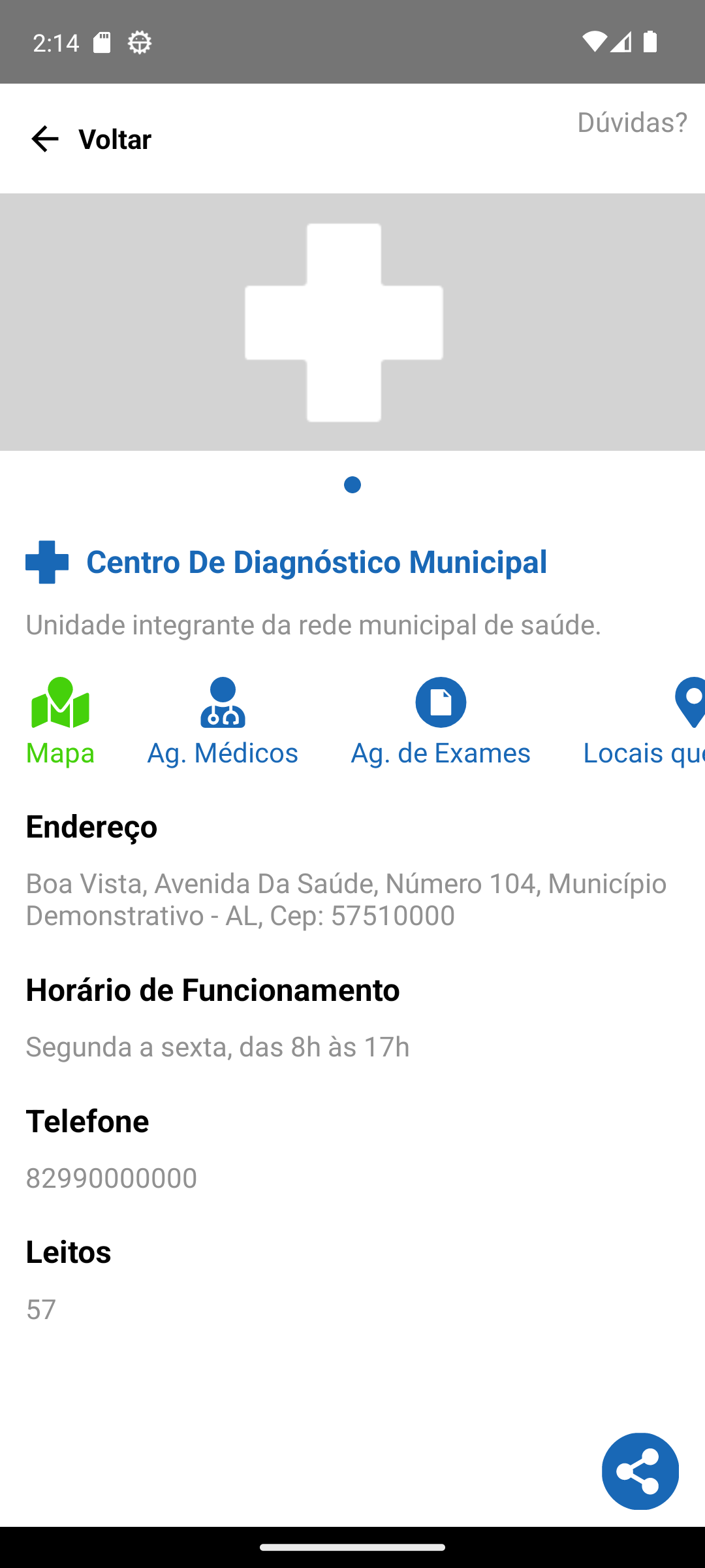 Detalhes de um posto público no aplicativo +Saúde