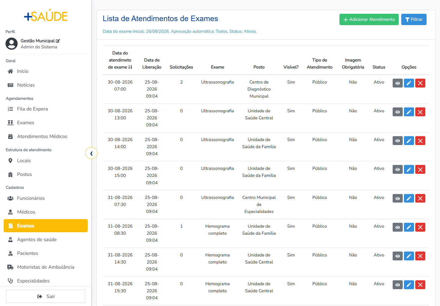 Agendas de exames no ambiente demonstrativo do +Saúde