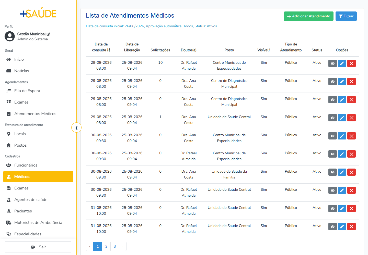 Agendas de atendimento médico no ambiente demonstrativo do +Saúde