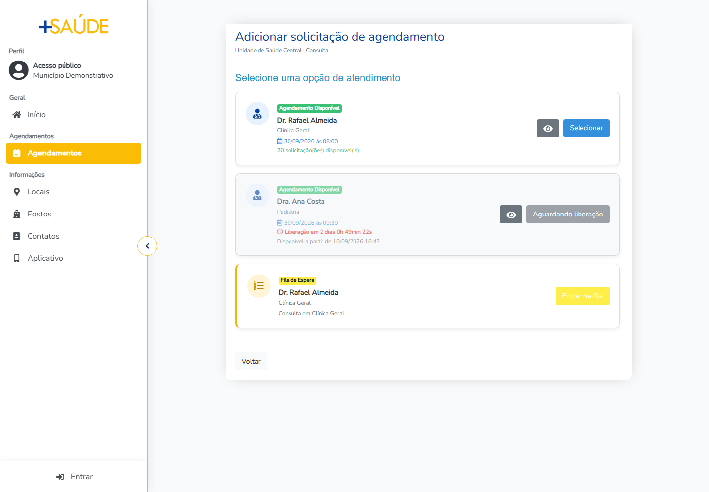 Seleção do atendimento médico no site +Saúde