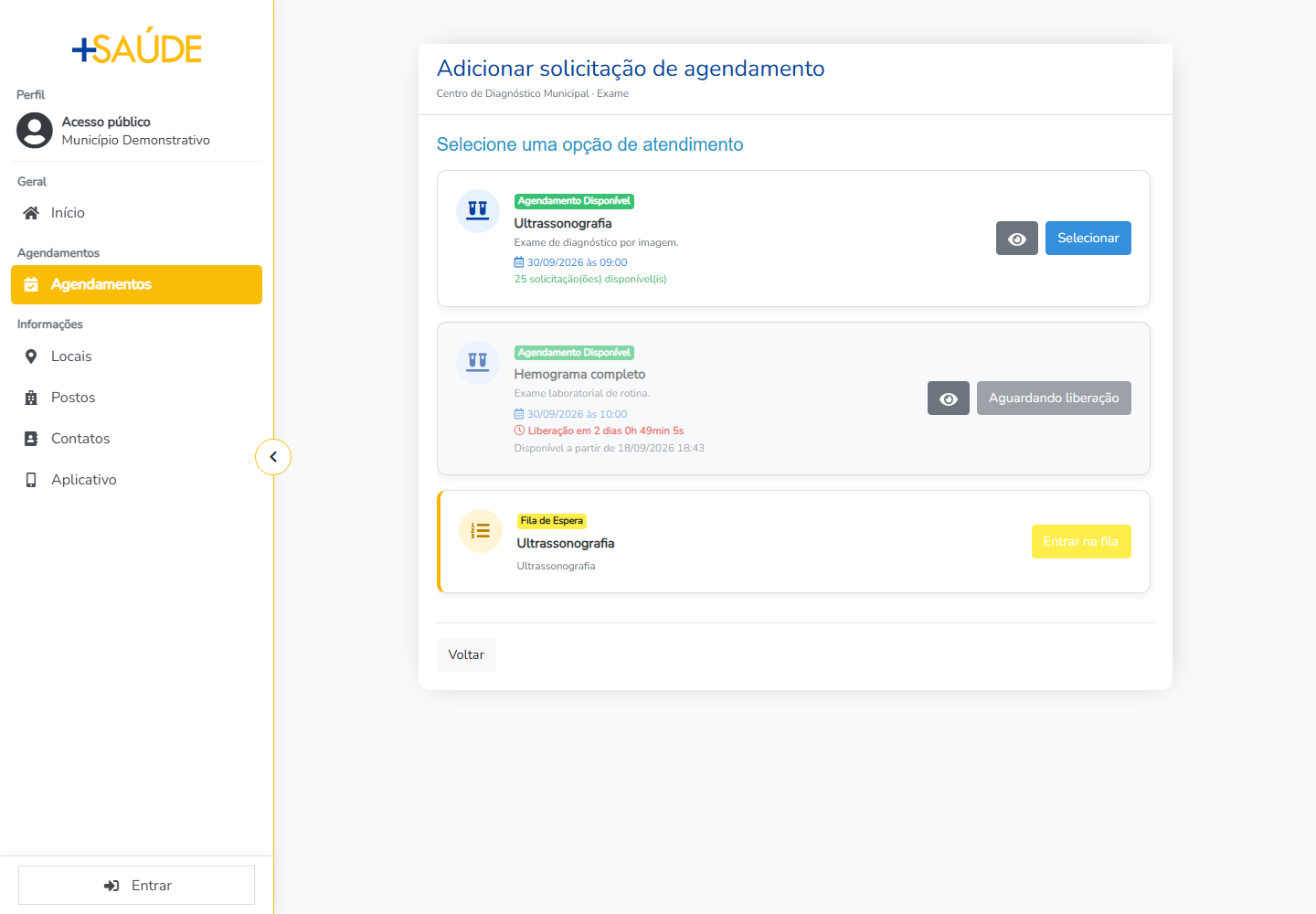 Seleção do exame no site +Saúde