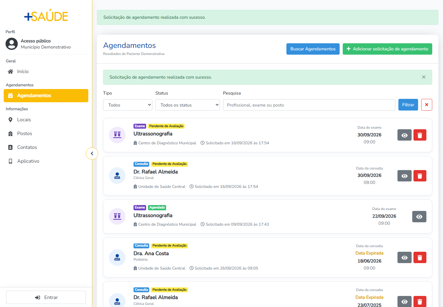 Exame solicitado pelo portal no ambiente demonstrativo do +Saúde