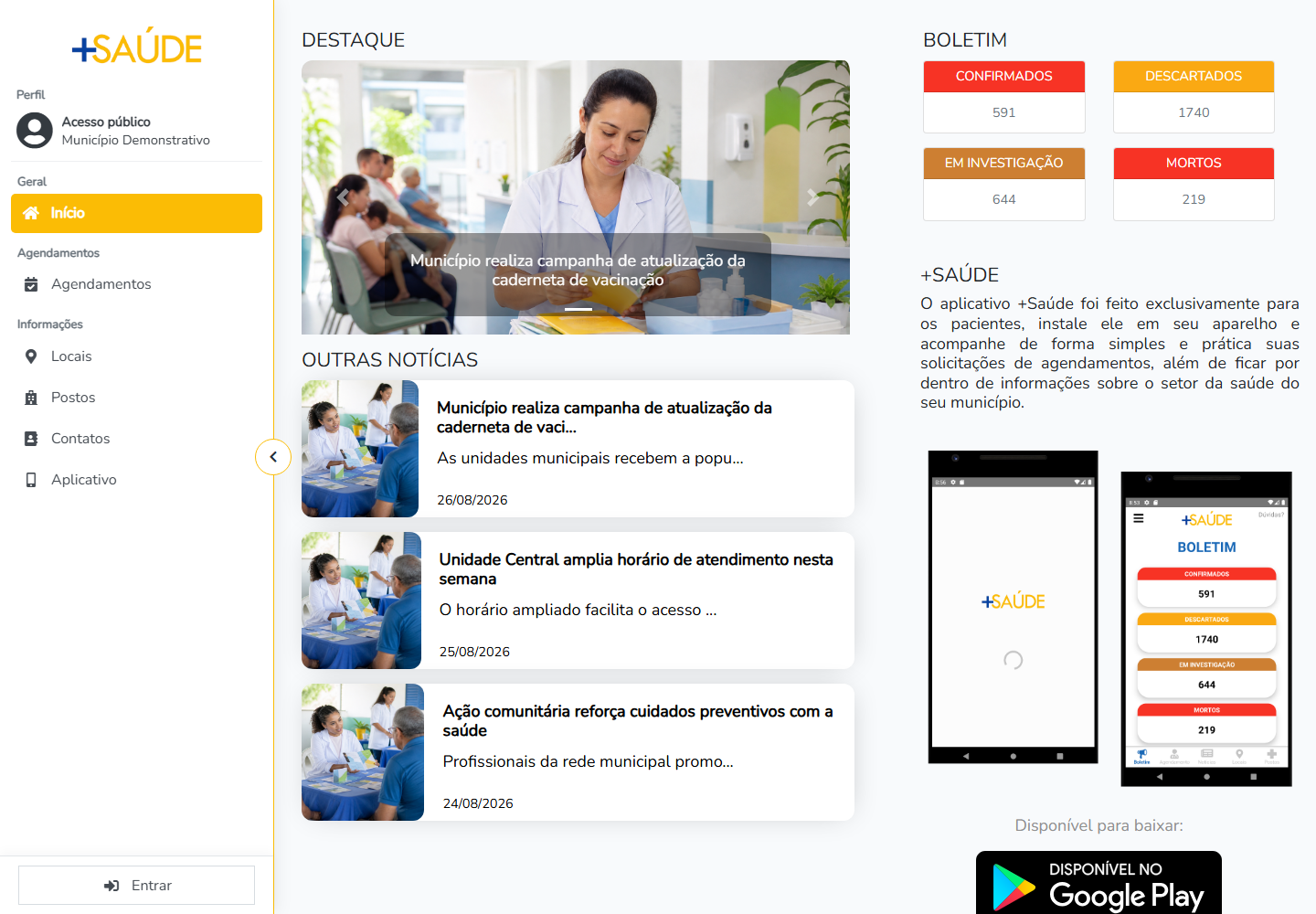 Página inicial do site público do +Saúde