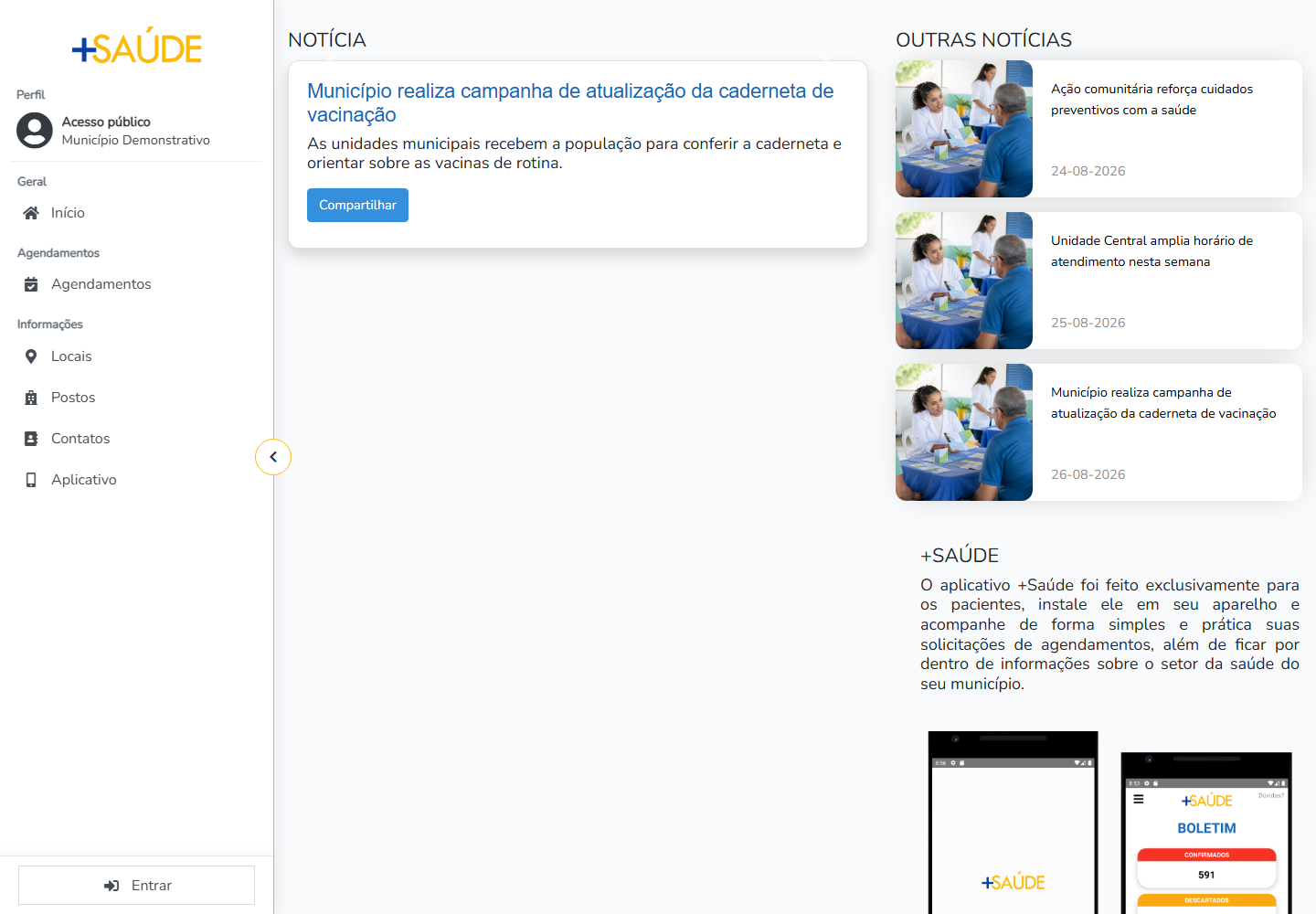 Notícia no portal público no ambiente demonstrativo do +Saúde