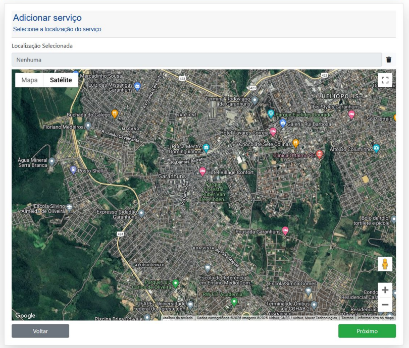 Mapa para selecionar as coordenadas do serviço no ambiente web