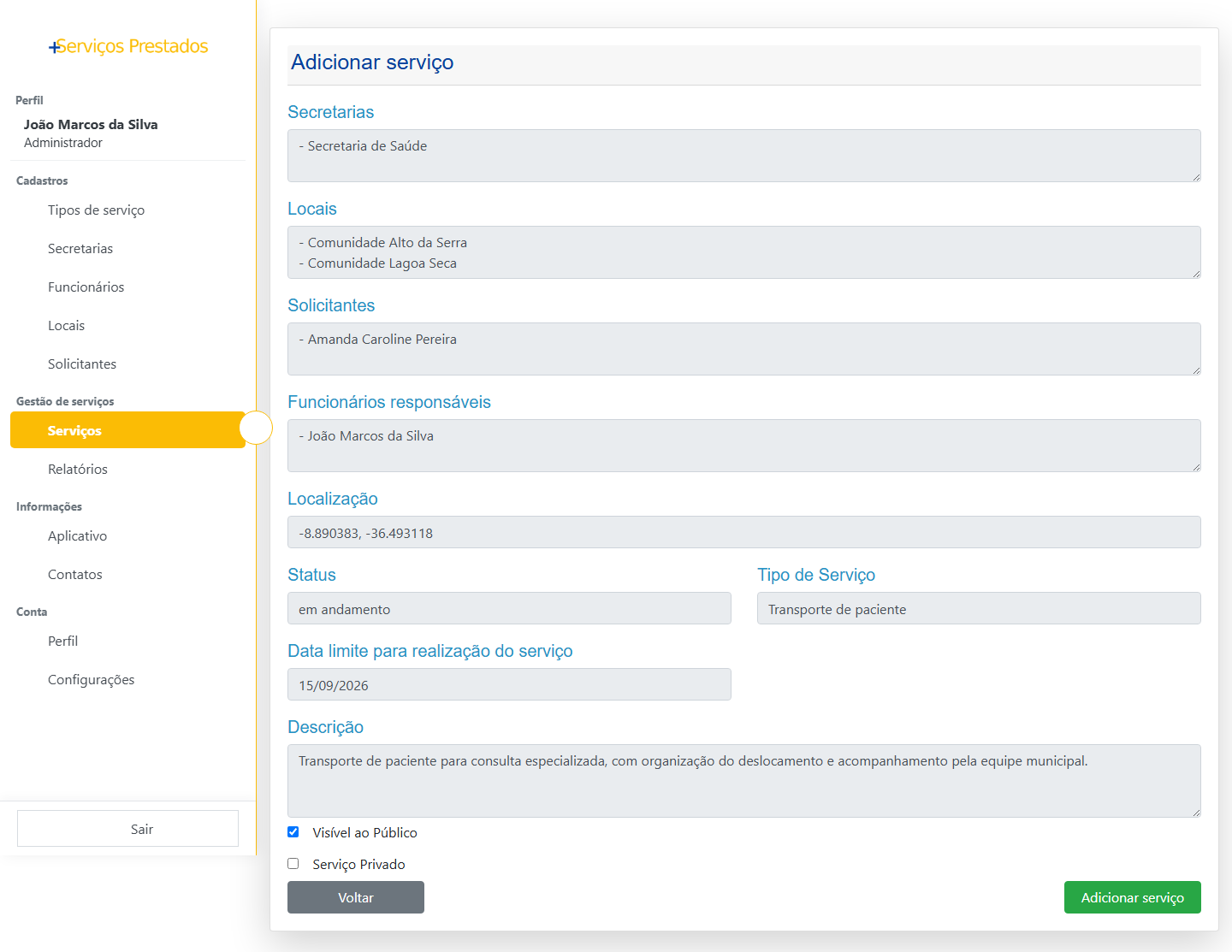 Registro administrativo do +Serviços Prestados