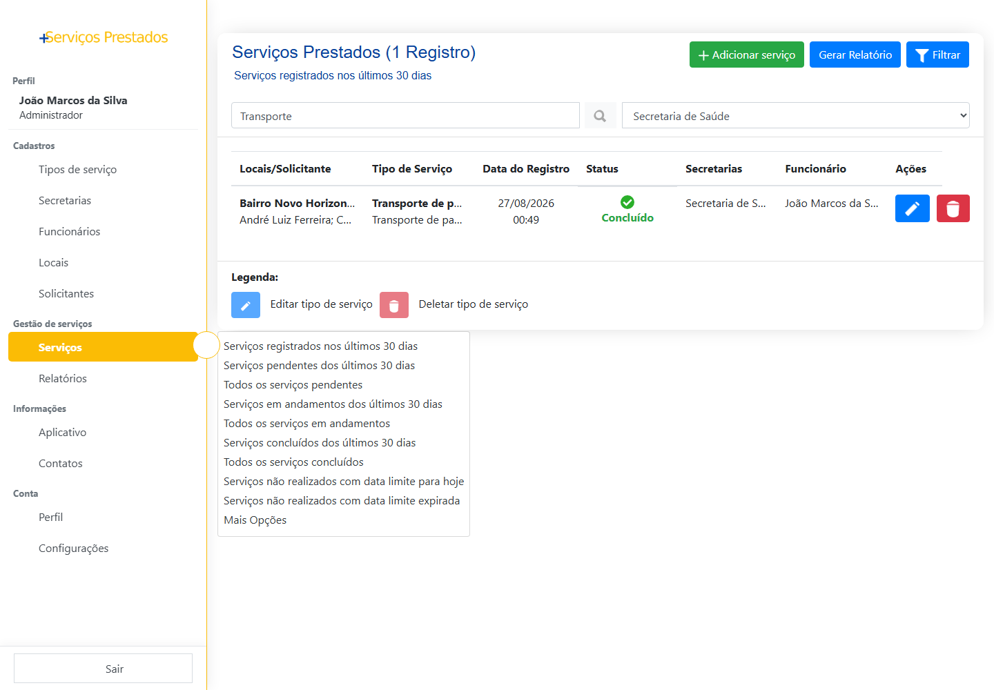 Filtros de acompanhamento dos serviços municipais