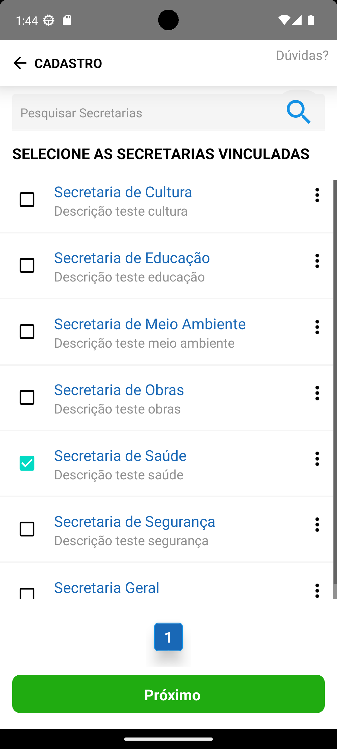 Seleção de secretarias no aplicativo +Serviços Prestados