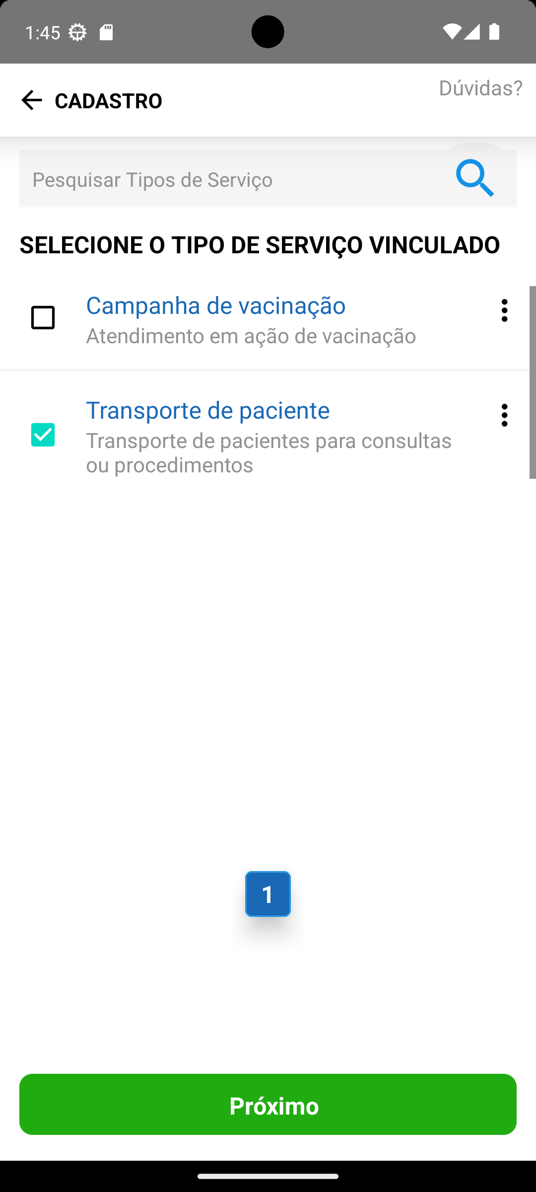 Seleção do tipo de serviço no aplicativo