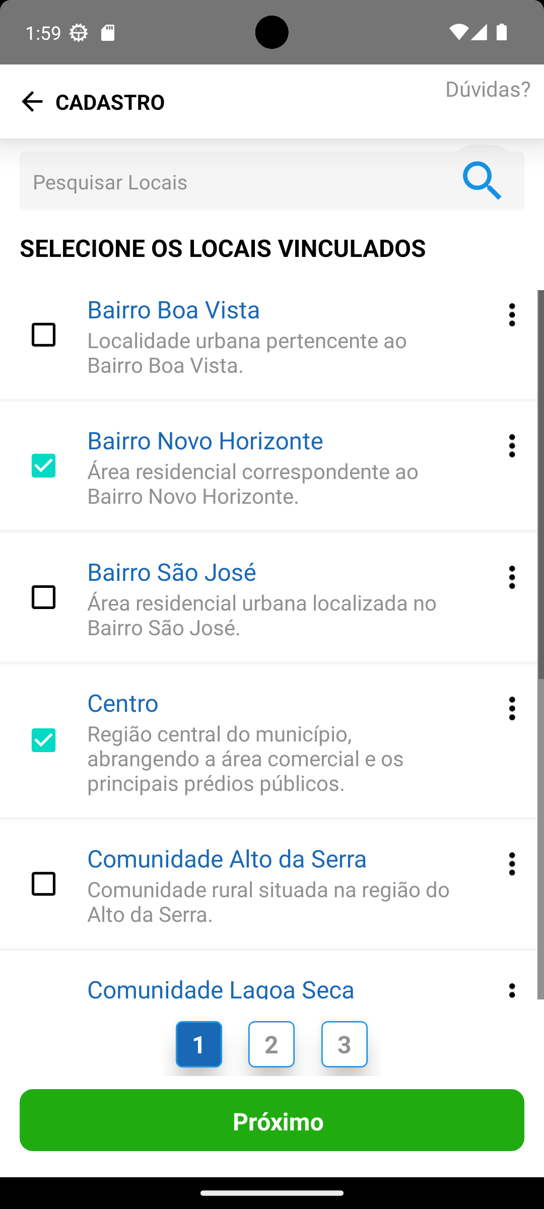 Seleção de locais no aplicativo +Serviços Prestados