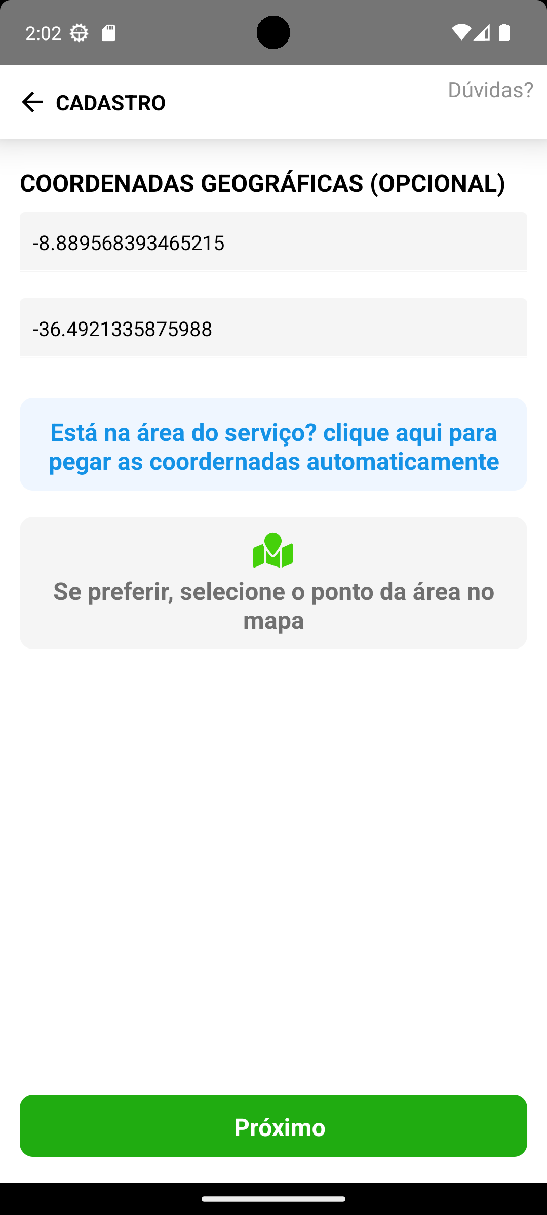 Coordenadas do serviço no aplicativo