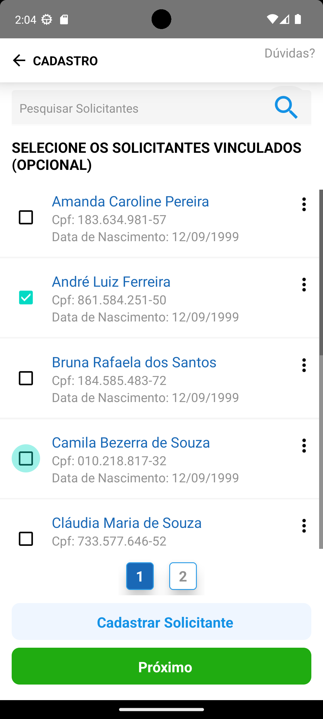 Seleção opcional de solicitantes no aplicativo