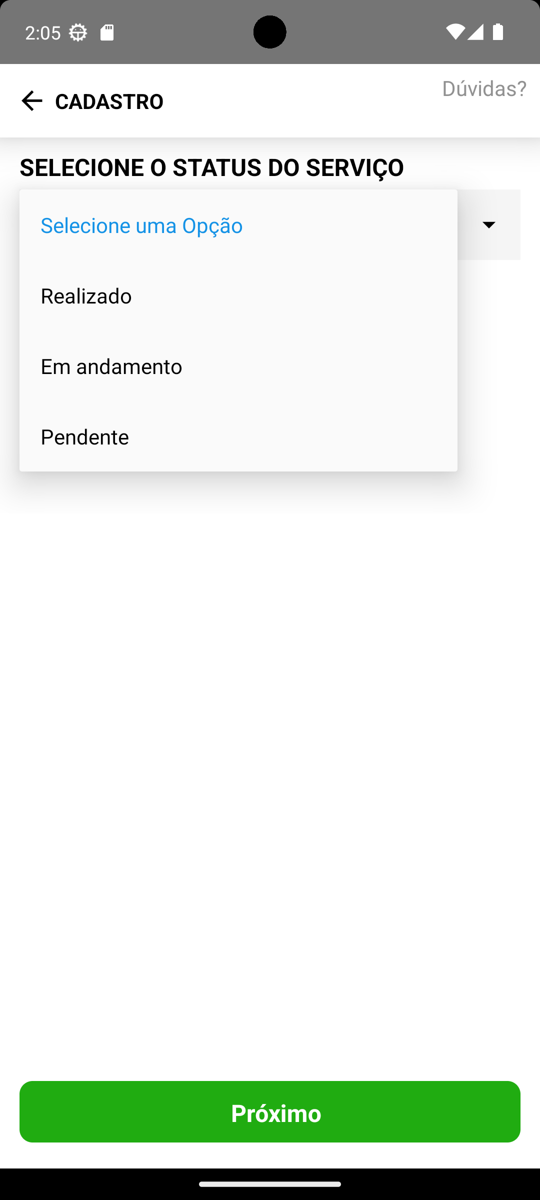 Situação do serviço no aplicativo